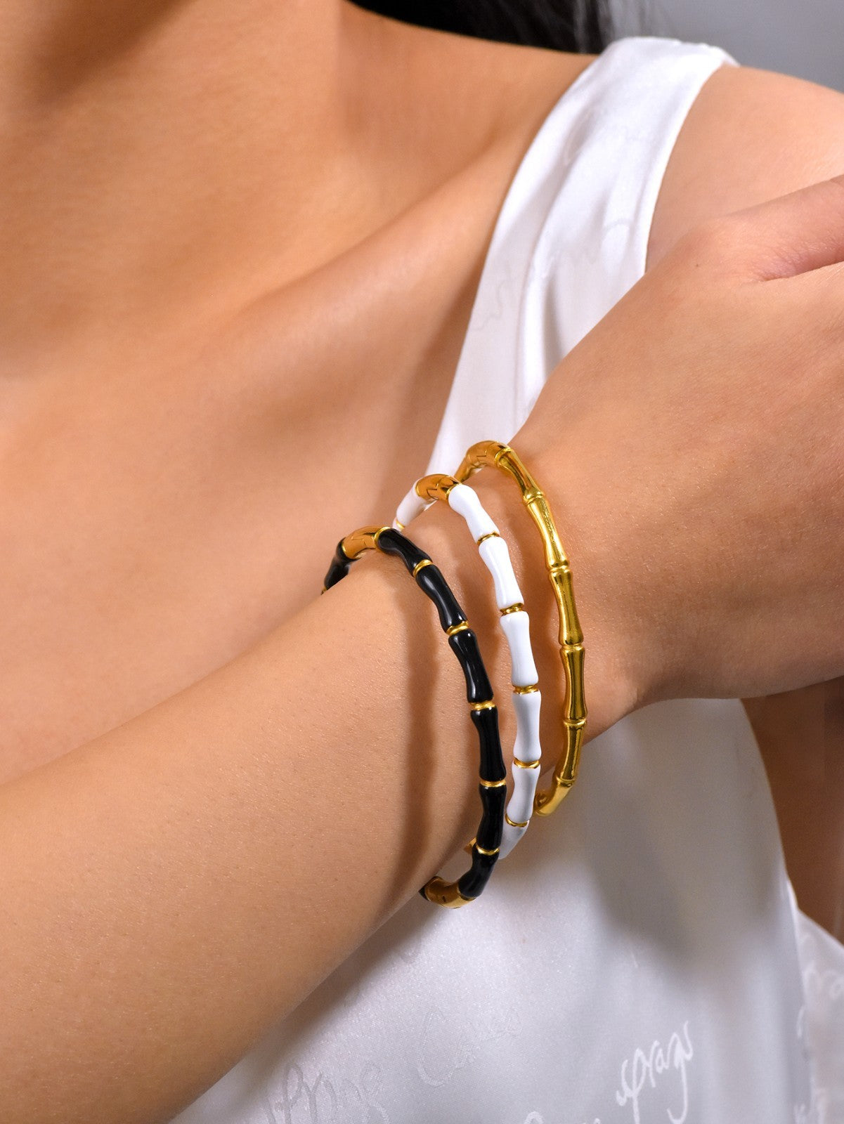 3PC Bamboo Bangle Bracelet Set Gold Tone White Black Enamel Stackable