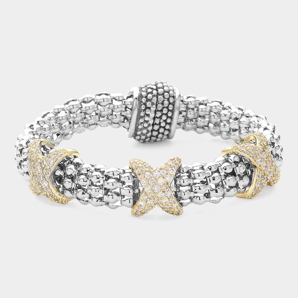 Sterling Silver Gold Dipped CZ Pave X-Knot Popcorn Stretch Magnetic Bracelet