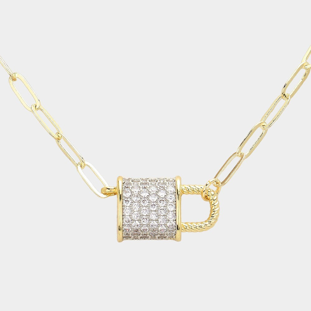 Dipped Gold Paperclip CZ Pave Lock Necklace 17in Trendy Jewelry