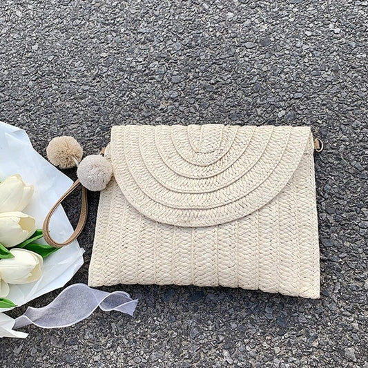 Handmade Woven Straw Envelope Crossbody Bag | Summer Clutch with Hair Ball Charm