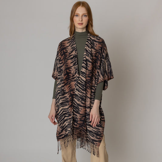 Women's Tiger Print Kimono Cardigan Shawl Poncho with Fringe Boho Animal Print