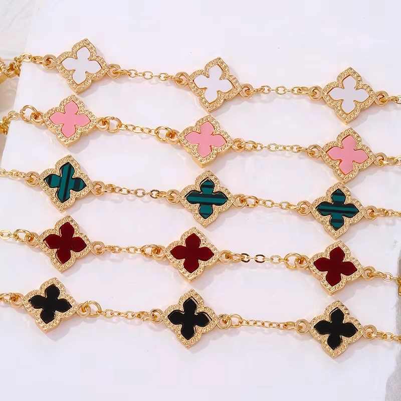 5pc Clover Bracelet Set Gold Tone Enamel Charm Good Luck Holiday Gift Women