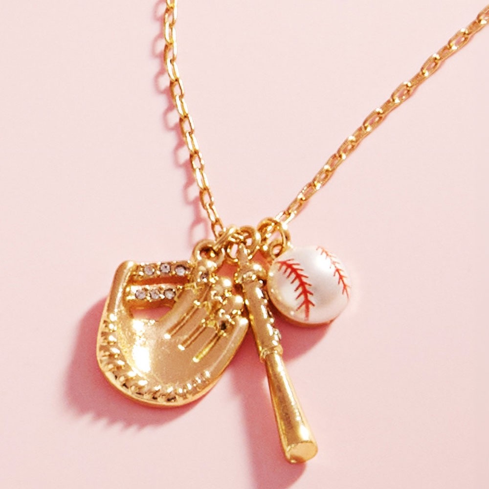Baseball Sports Triple Charm Necklace with Glove Bat and Ball Gold Jewelry