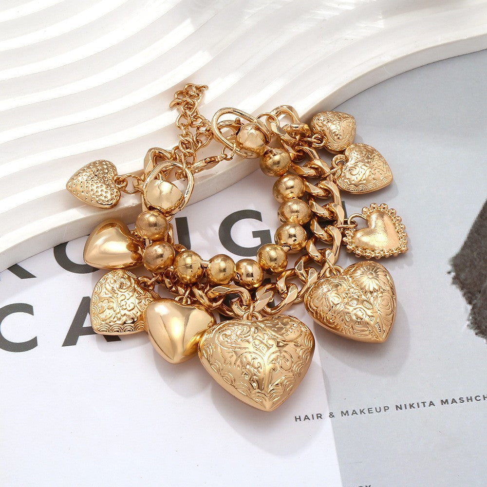 2pcs Gold Heart Charm Bracelet Set Chunky Chain Beaded Link Boho Jewelry