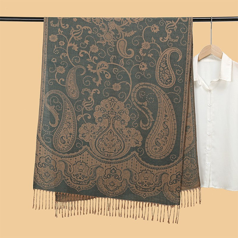 Cashmere Feel Paisley Scarf Shawl Wrap Jacquard Fringed Warm Green Taupe