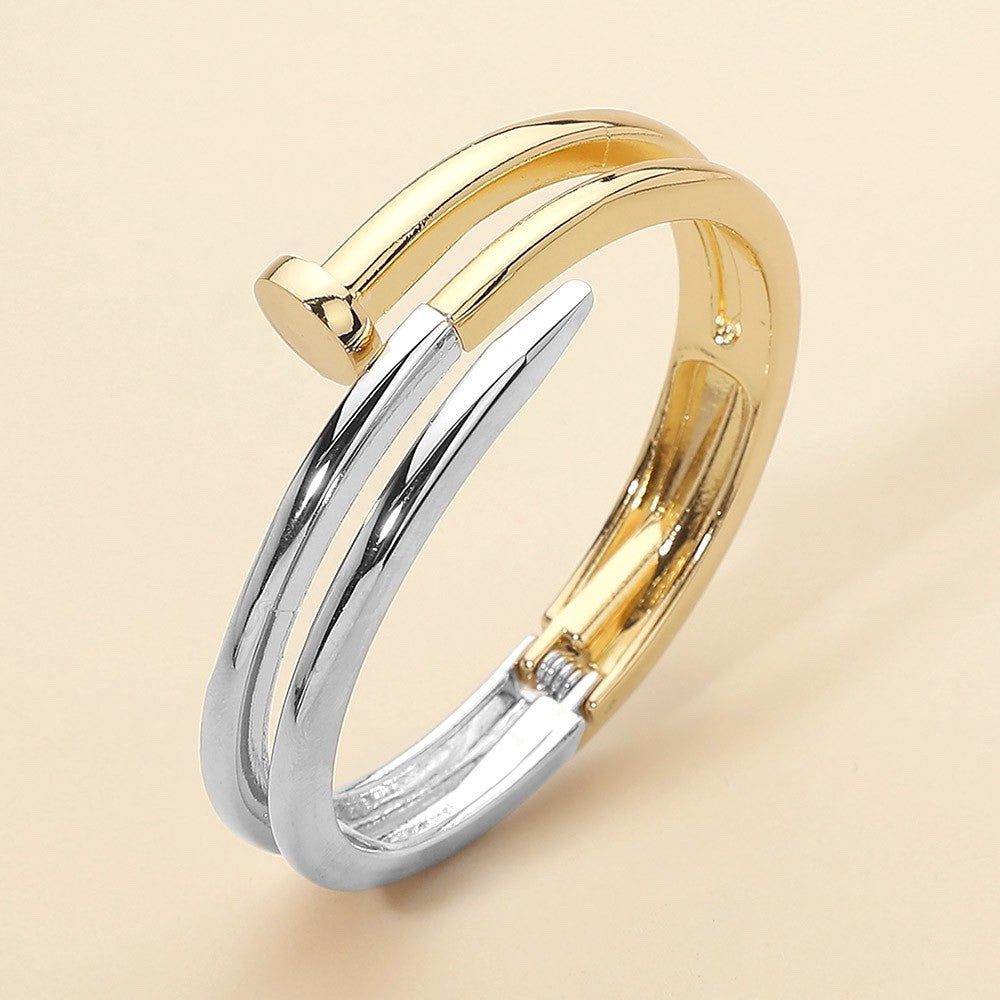 Two-Tone Gold and Silver Hinged Nail Bangle Bracelet Modern Industrial Jewelry