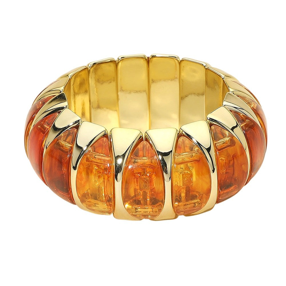 Gold Translucent Amber Orange Resin Chunky Ribbed Statement Stretch Bracelet