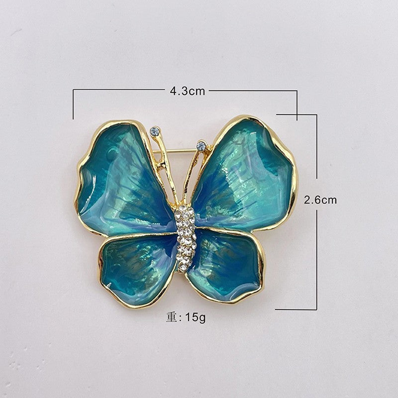 Vintage Style Teal Blue Enamel Butterfly Brooch Pin Gold Tone Crystal Accents