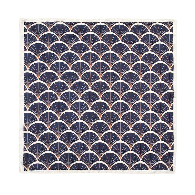 Art Deco Fan Print Square Scarf Navy Blue Gold Satin Feel 27.5" x 27.5"