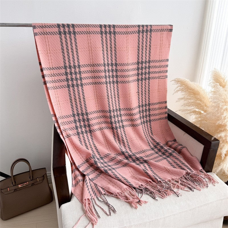 Pink Houndstooth Plaid Scarf Shawl Wrap Metallic Fringe Winter Warm