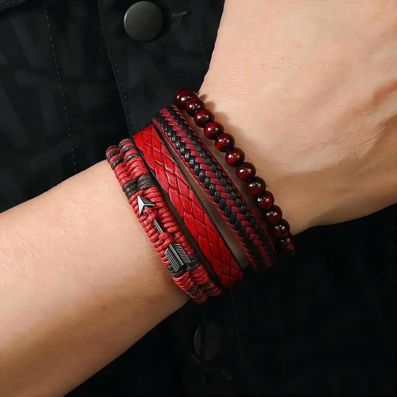 Red & Black Stacked Arrow Leather Bead Men's Bracelet Set - Adjustable Braided S