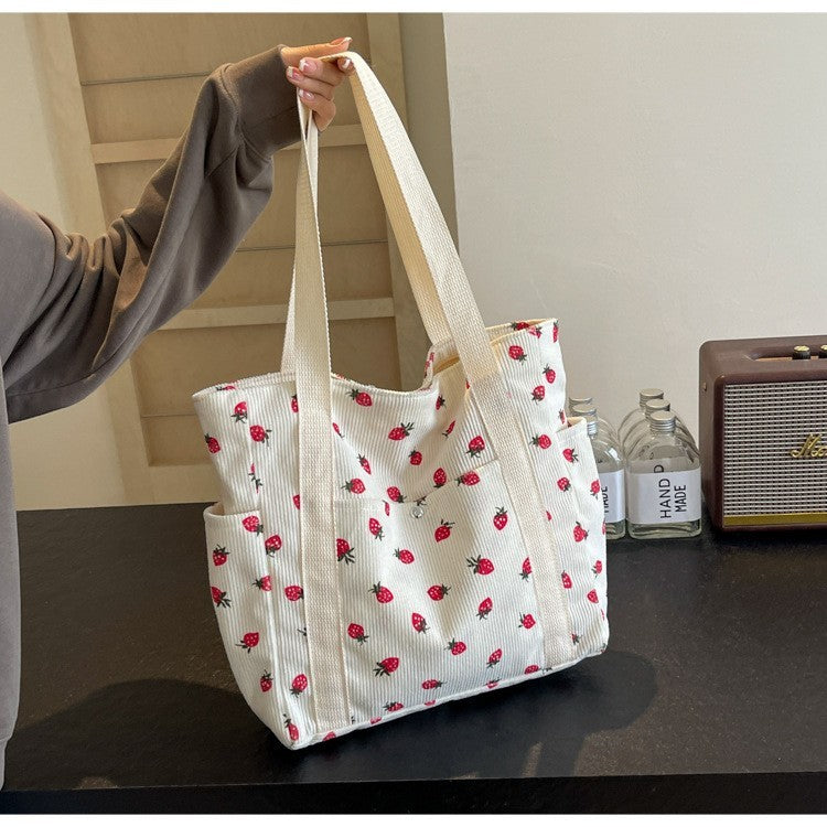 Women’s Corduroy Strawberry Print Tote Bag Large Capacity Shoulder Handbag