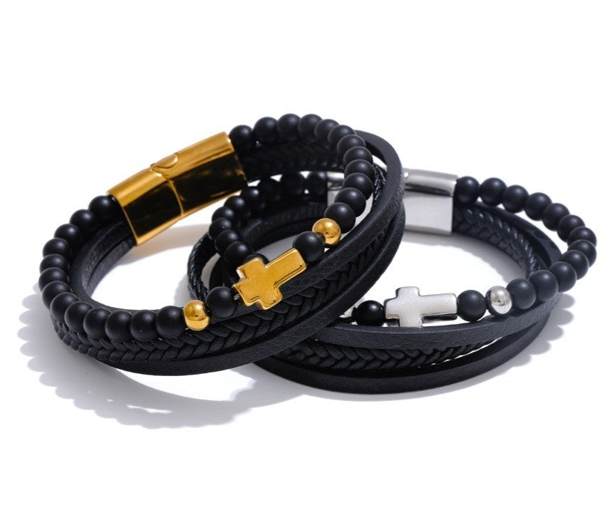 2PCS Black Leather Beaded Cross Bracelet Set Gold Silver Tone Stainless Steel