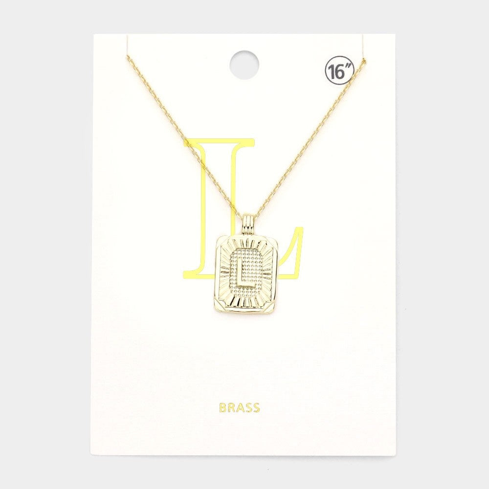 Gold Initial "L" Rectangular Sunburst Pendant Necklace - Brass Fashion Jewelry