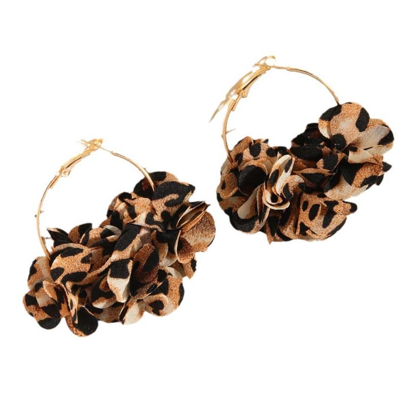 Leopard Print Flower Hoop Earrings Fabric Cluster Oversized Statement Jewelry