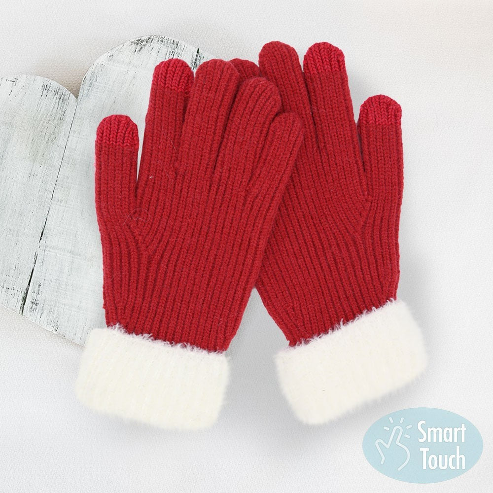 Women's One Size Faux Fur Cuff Knitted Ribbed Gloves Touch Screen Compatible Red