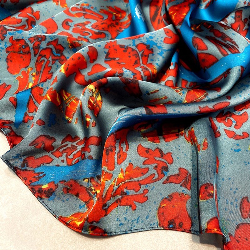 Silk Scarf Wrap Shawl Grey Red Blue Abstract Print Art Nouveau Style