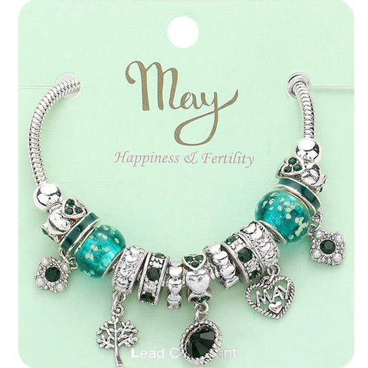 May Birthstone Bracelet with Green Crystal Beads and Heart Charms for Women
