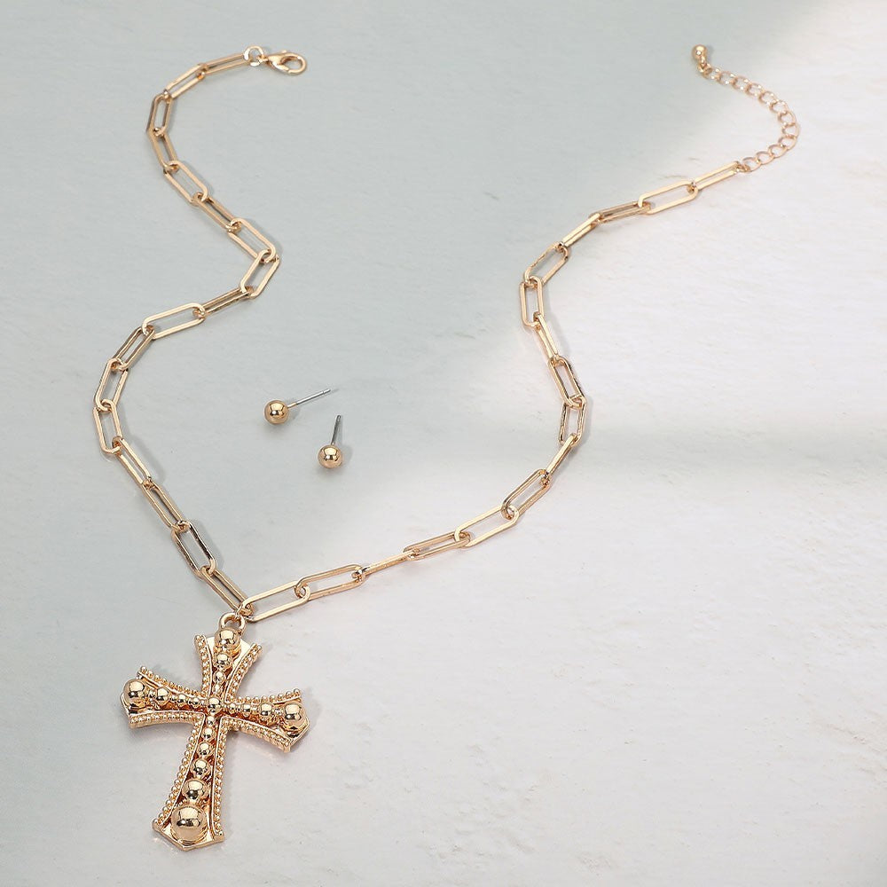 Gold Cross Pendant Necklace Paperclip Chain Link Stud Earrings Jewelry Set