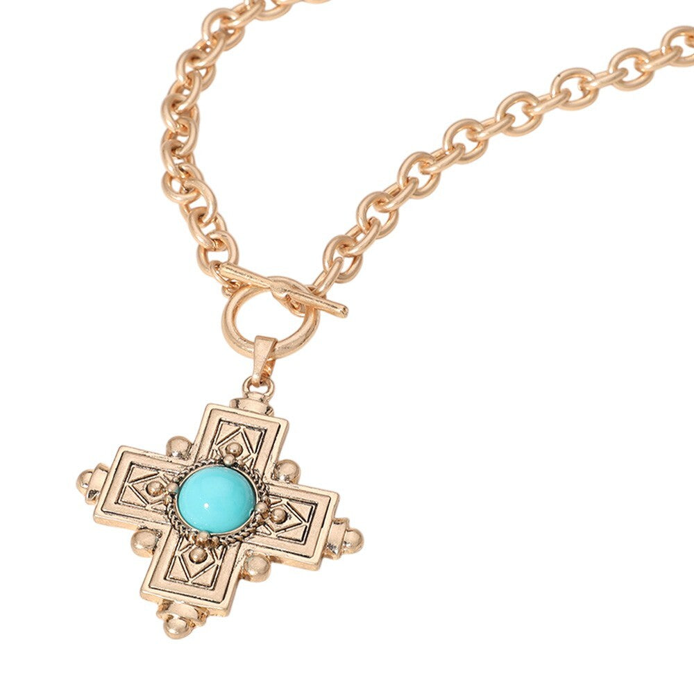 Turquoise Stone Cross Pendant Chunky Chain Necklace Statement Jewelry