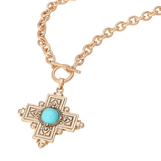 Turquoise Stone Cross Pendant Chunky Chain Necklace Statement Jewelry