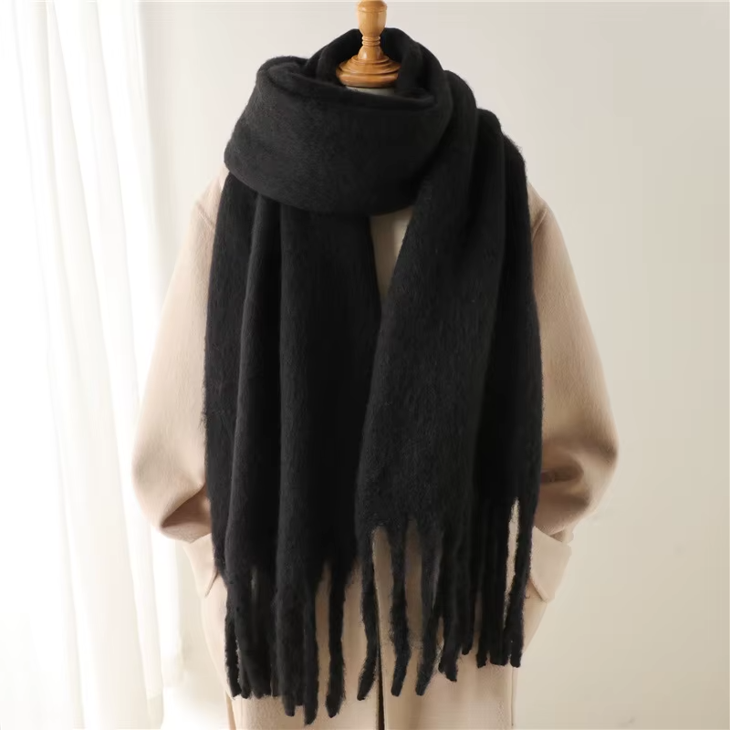2-Piece Set: Chunky Knit Scarf Duo Black & Brown Fuzzy Fringed Wraps for Winter