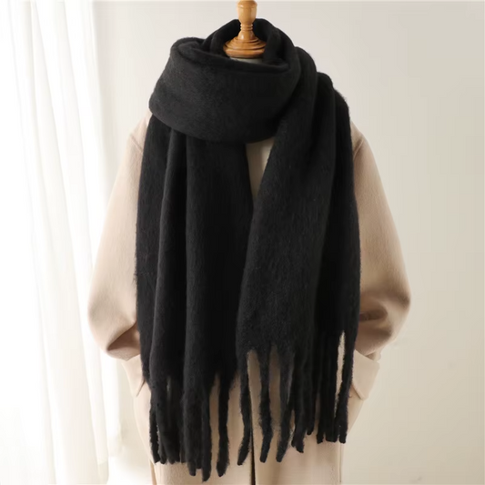 2-Piece Set: Chunky Knit Scarf Duo Black & Brown Fuzzy Fringed Wraps for Winter