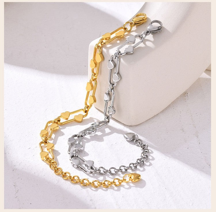2-Piece Set: Heart Bracelet Double Layered Gold & Silver Tone Adjustable