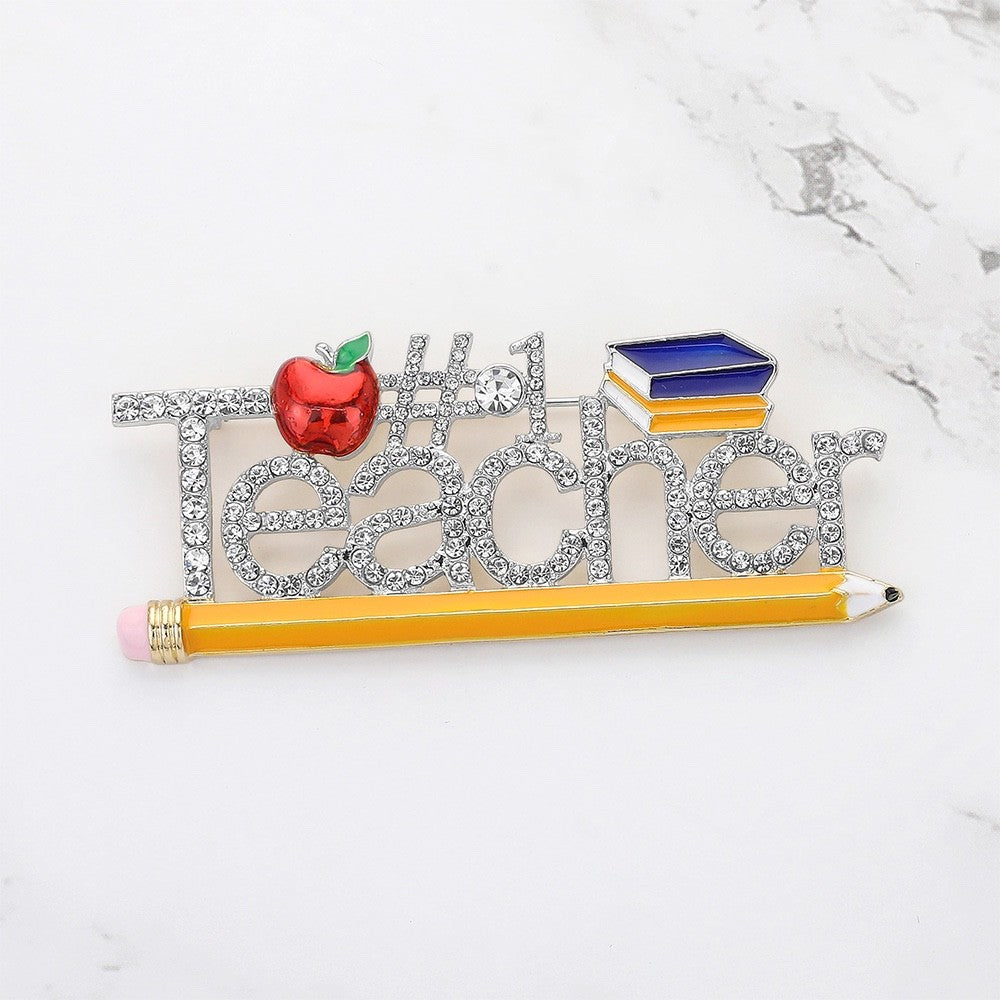 Sparkling #1 Teacher Rhinestone Brooch with Apple, Books & Pencil Accent