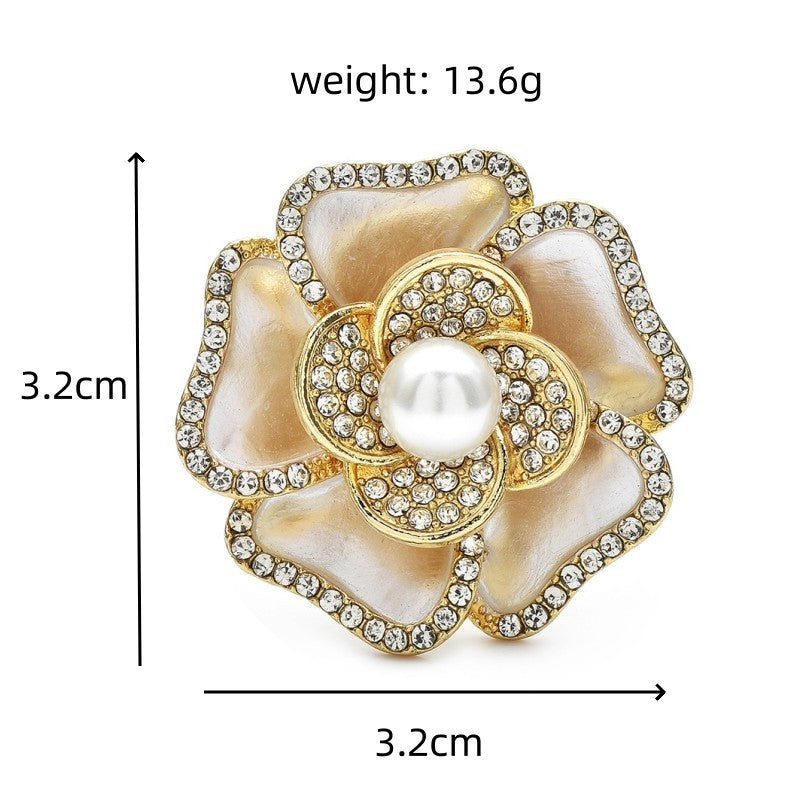 2pcs Flower Brooch Rhinestone Pearl Gold Tone Enamel Floral Pin Set
