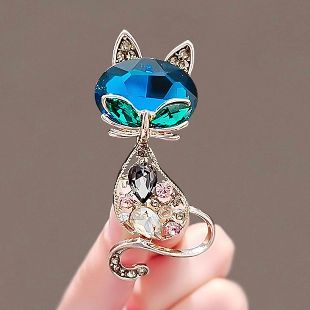 Sparkling Teal Crystal Cat Brooch Pin Animal Lover Jewelry Gift Rhinestone