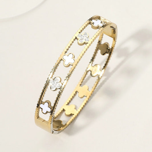 Stainless Steel Quatrefoil Bracelet Hinged Bangle Chic Fashion Jewelry