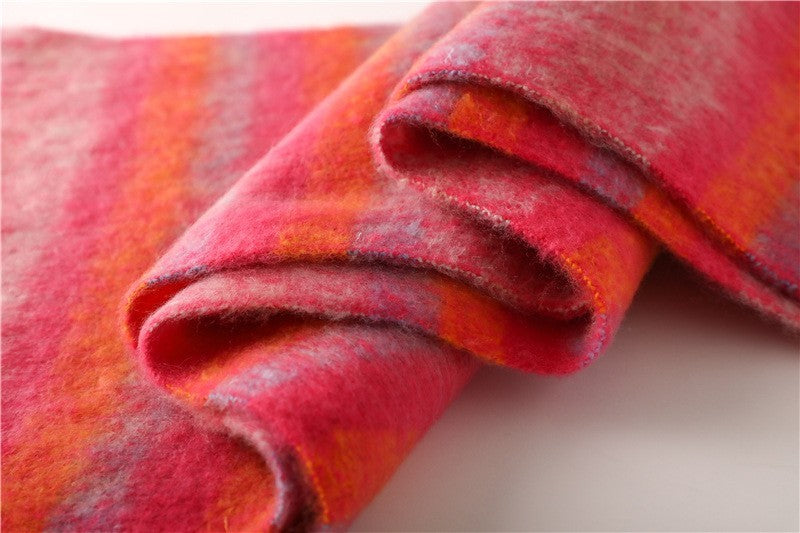 Women's Pink Striped Knitted Tassel Scarf Winter Warm Cozy Pashmina Shawl