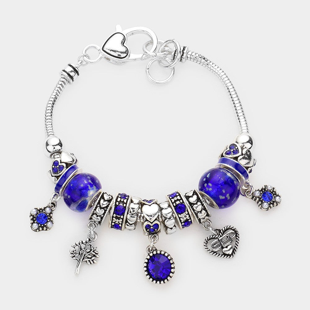 September Birthstone Heart Charm Beaded Bracelet – Sapphire Blue Crystal Gift