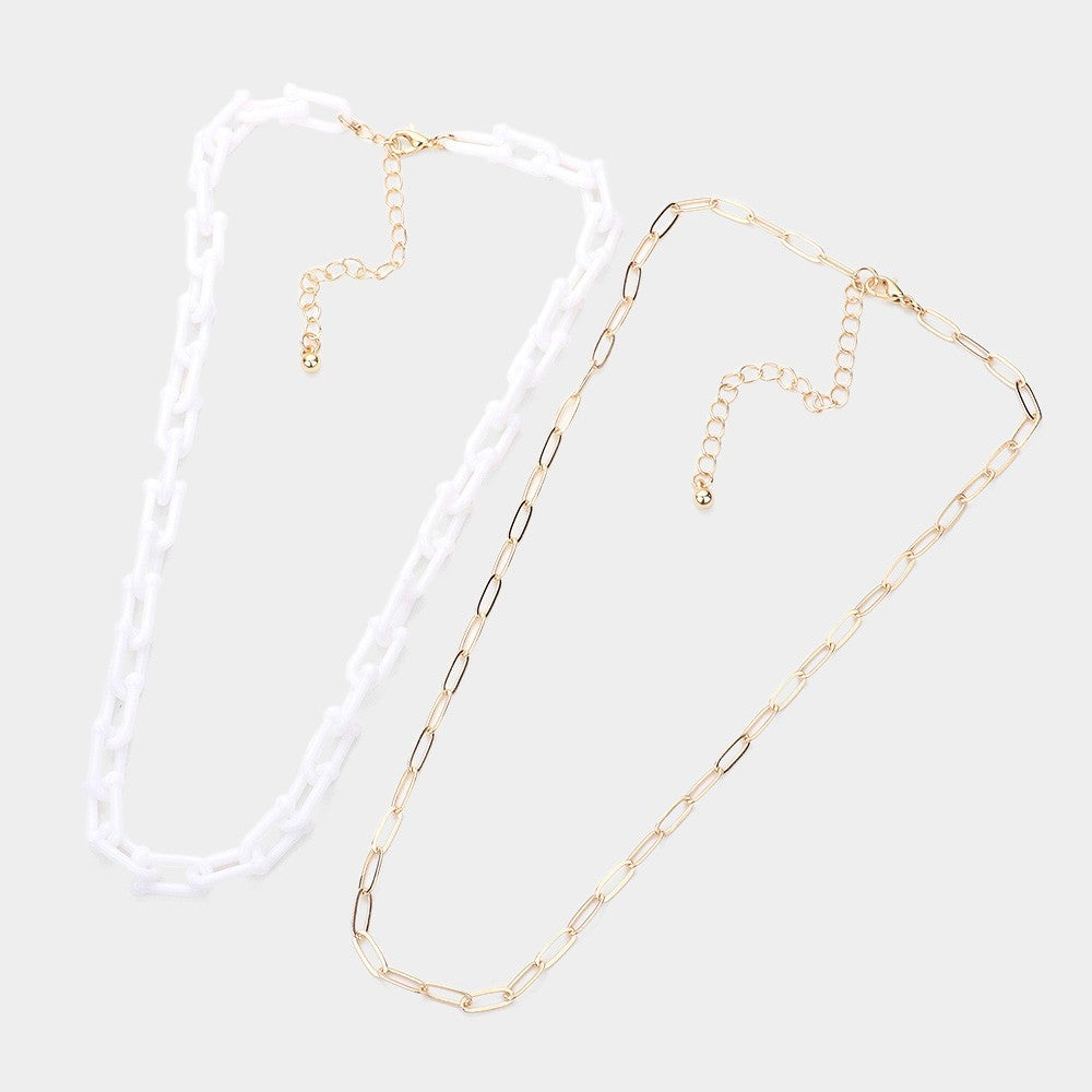 2pcs White Gold Layered Link Chain Necklace Set Stud Earrings Fashion Jewelry