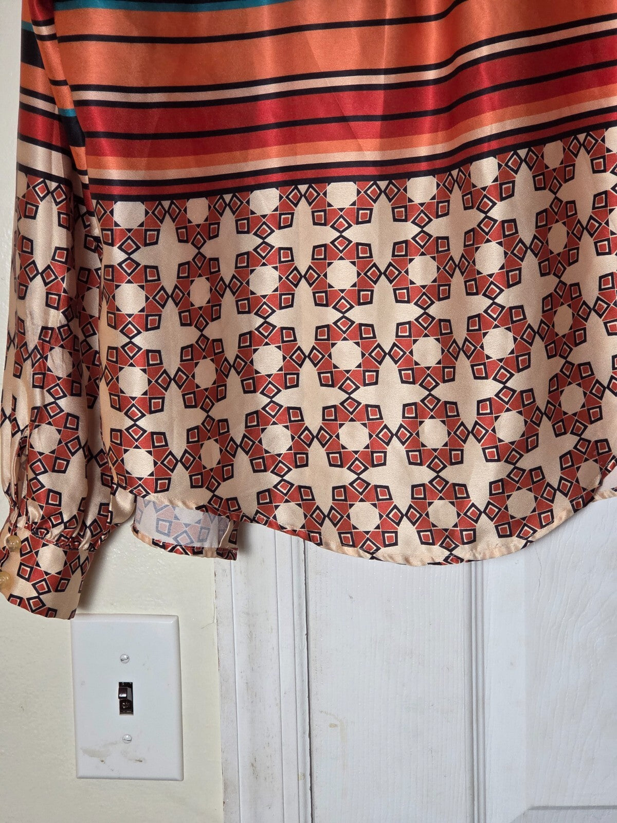 Getting in the Groove Ivory Striped Geo Print Button Up Top Small  for Women 