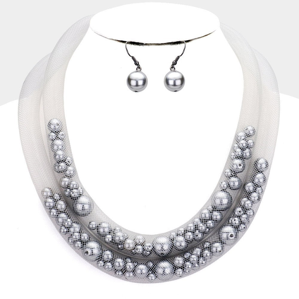 Double Mesh Tube Pearl Collar Necklace Choker Statement Jewelry for Women