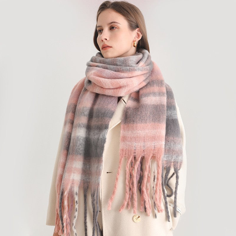 Plaid Checkered Scarf Womens Winter Warm Pink Gray Fringe Wrap