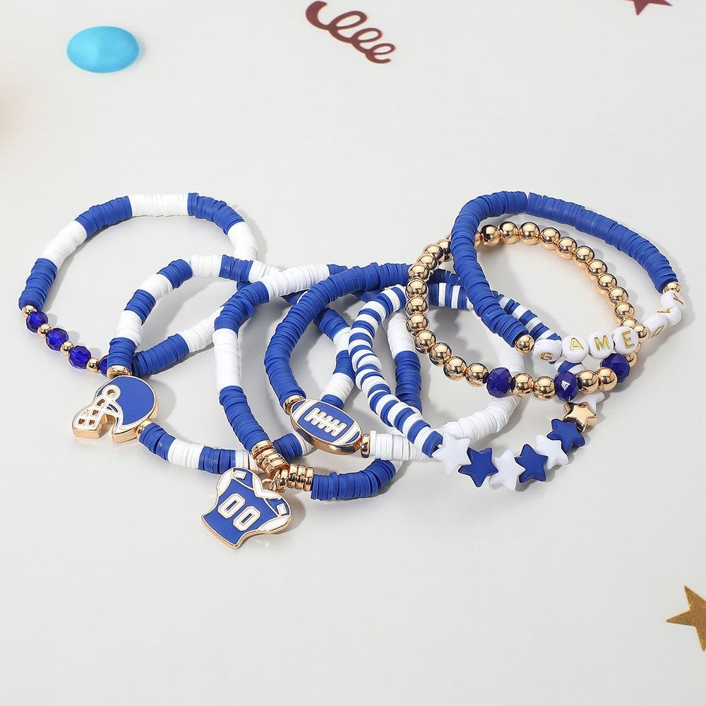 7PCS Game Day Football Charm Bracelets Heishi Beaded Stretch Stack Women Jewelry
