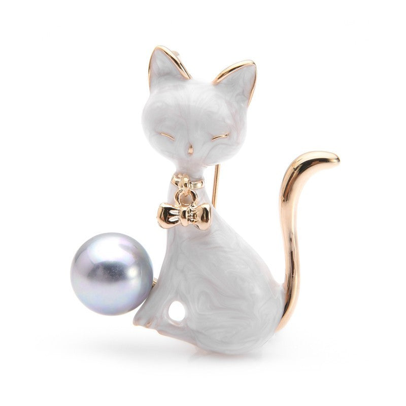 2pcs Enamel Cat Brooch Pin Set Gold Tone Pearl Accent Fashion Jewelry
