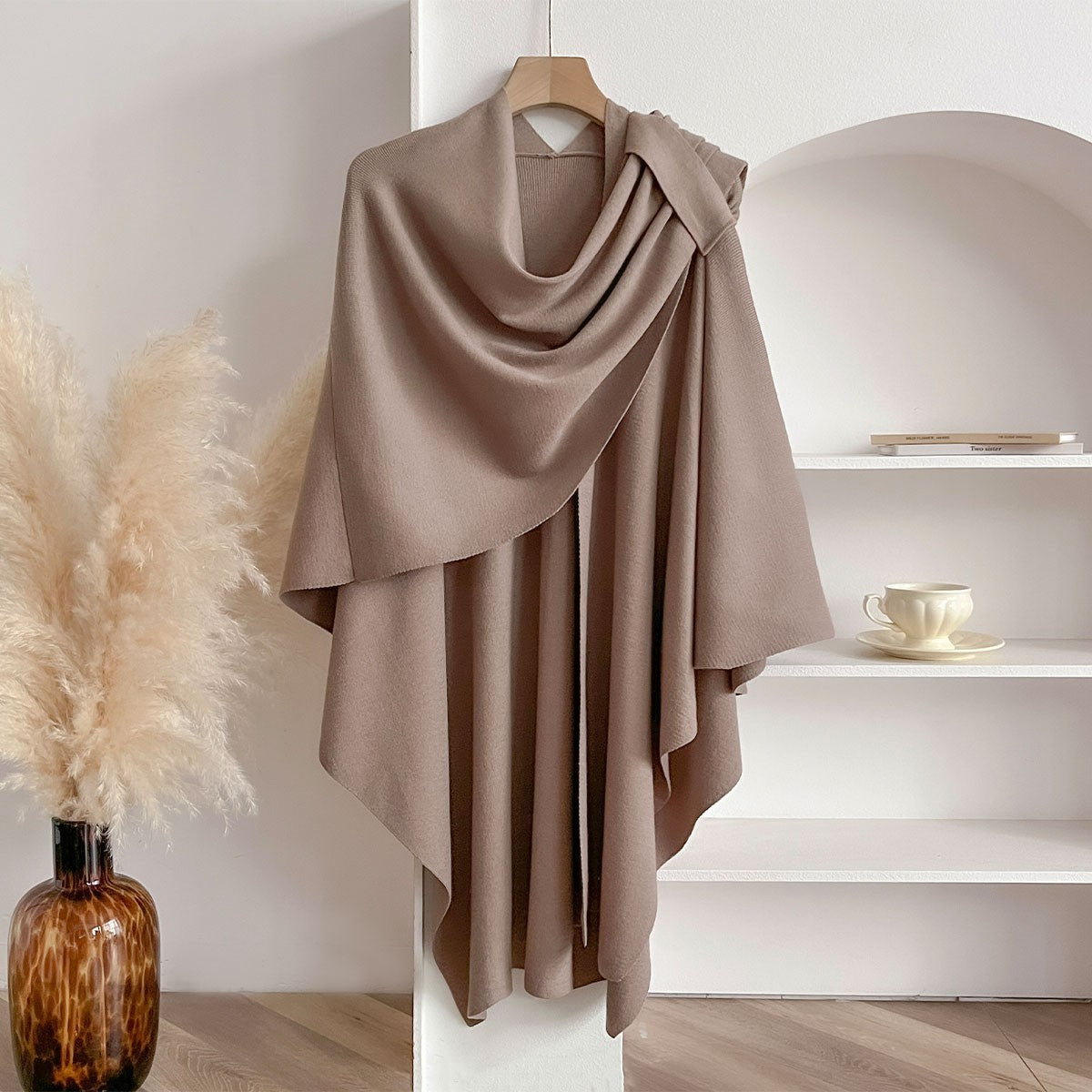 Women's Knit Poncho Cape Wrap Shawl Cashmere Feel Taupe  Open Front One Size