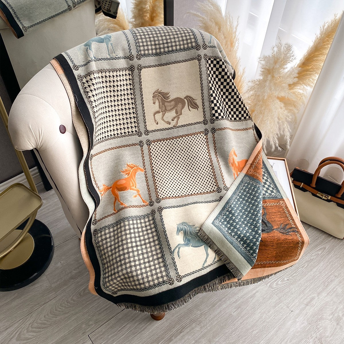 Oversized Equestrian Horse Patchwork Plaid Scarf Shawl Wrap Fringed Fall Winter