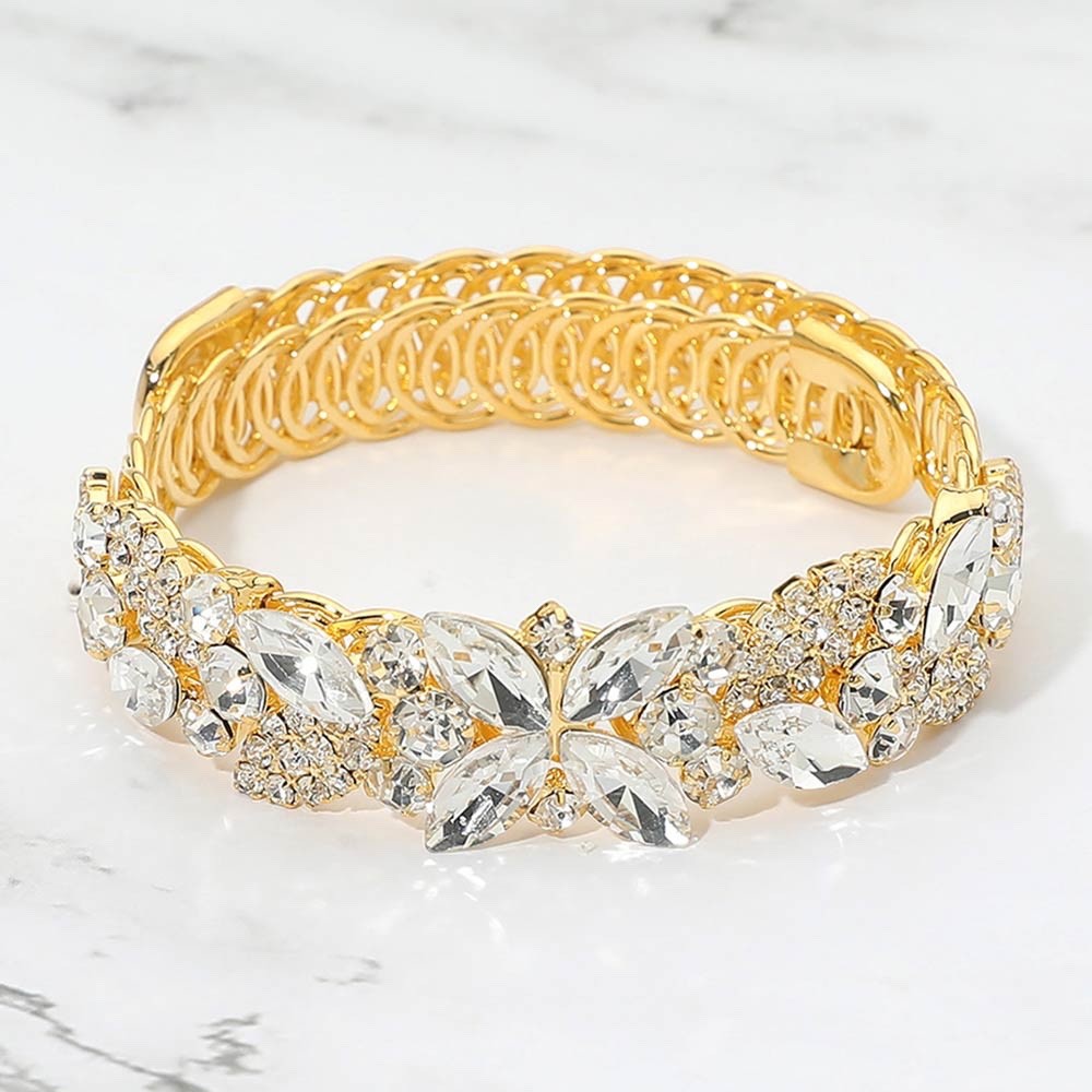 Dainty Gold Floral Crystal Cuff Bracelet Sparkling Marquise Stone Jewelry Gift