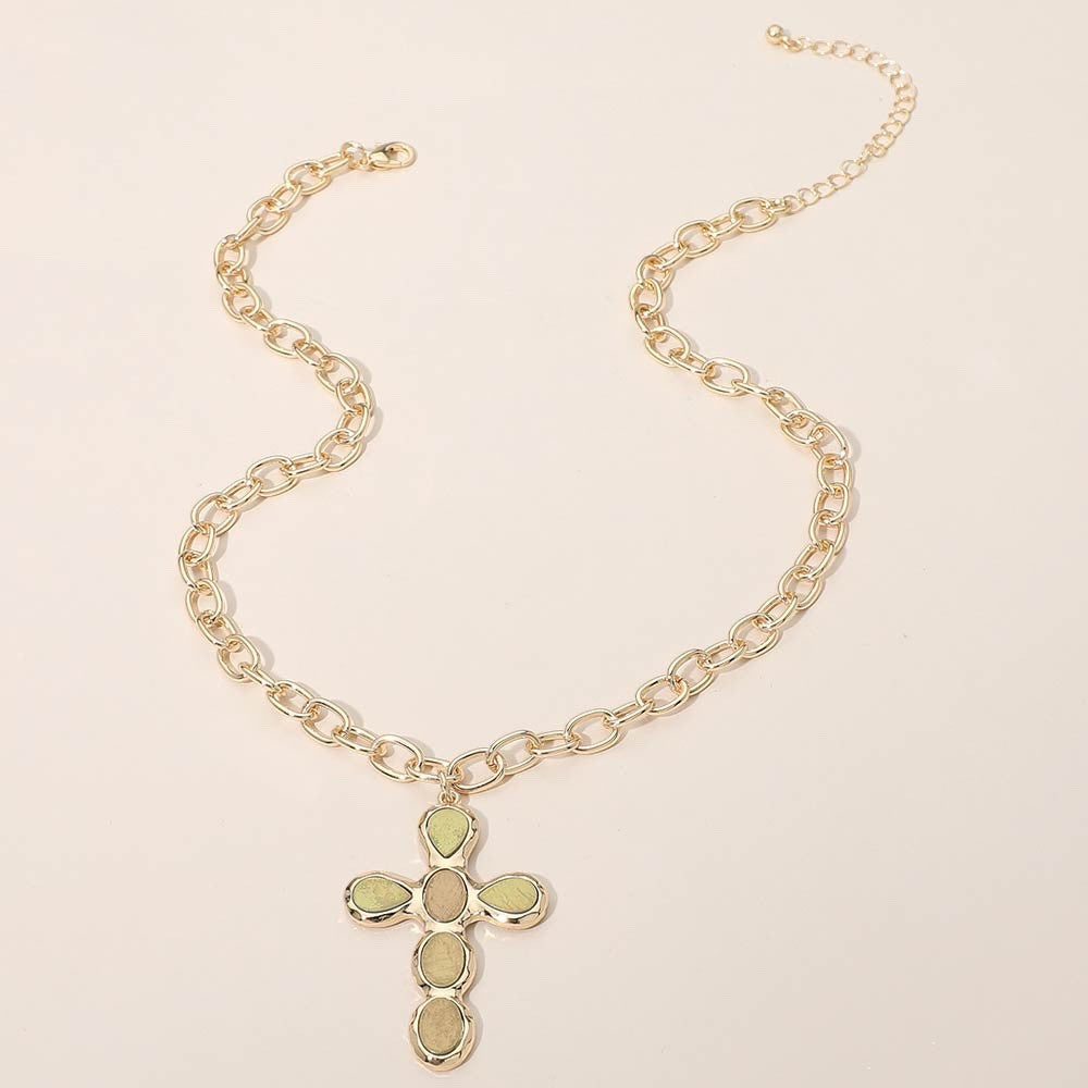Gold Tonal Inlay Cross Pendant Chunky Link Necklace Western Boho Statement