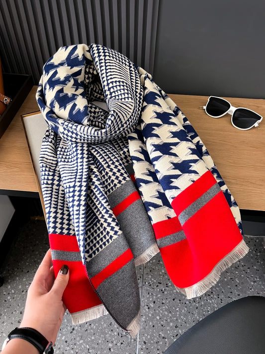 Oversized Navy Houndstooth Scarf Red Gray Block Polyester Geometric Shawl Wrap