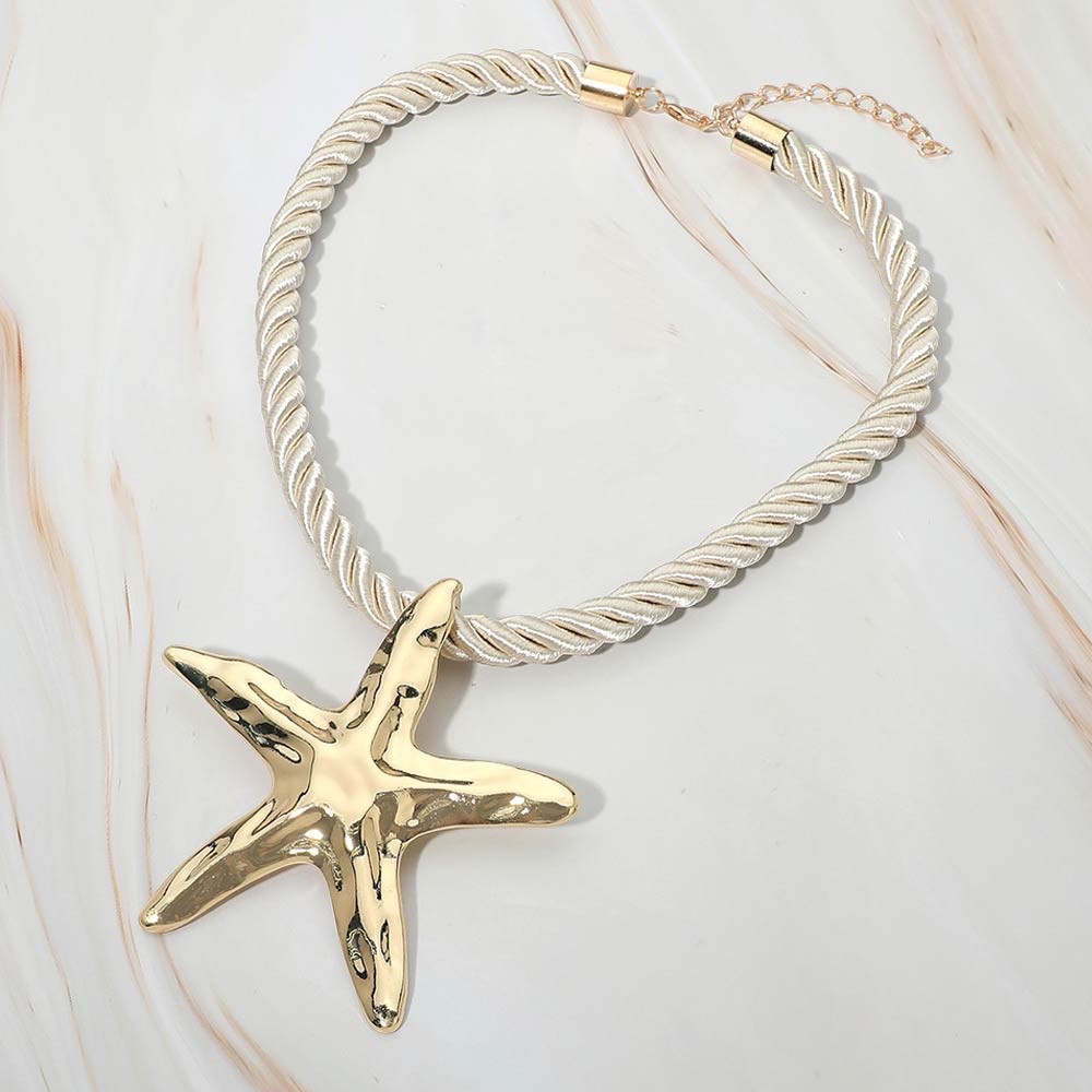 Gold Oversized Starfish Pendant Cream Rope Cord Statement Necklace - Beach Jewel