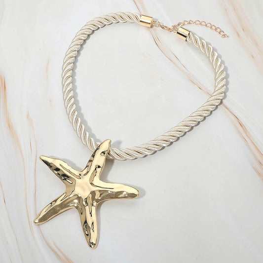 Gold Oversized Starfish Pendant Cream Rope Cord Statement Necklace - Beach Jewel