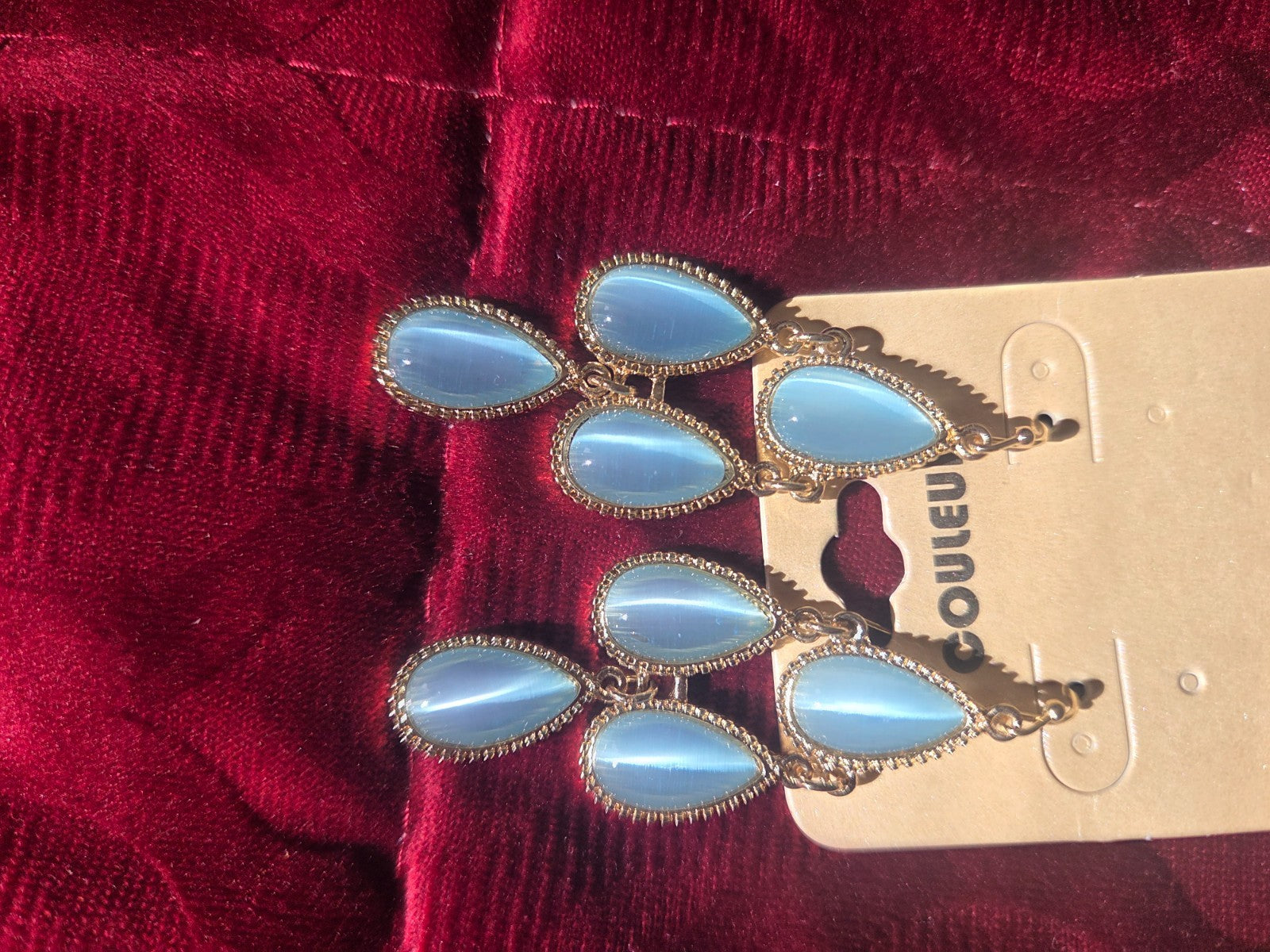 Tears of Joy Blue Cat Eye Dangle Chandelier Drop Earrings Gold Tone Hypoallergen