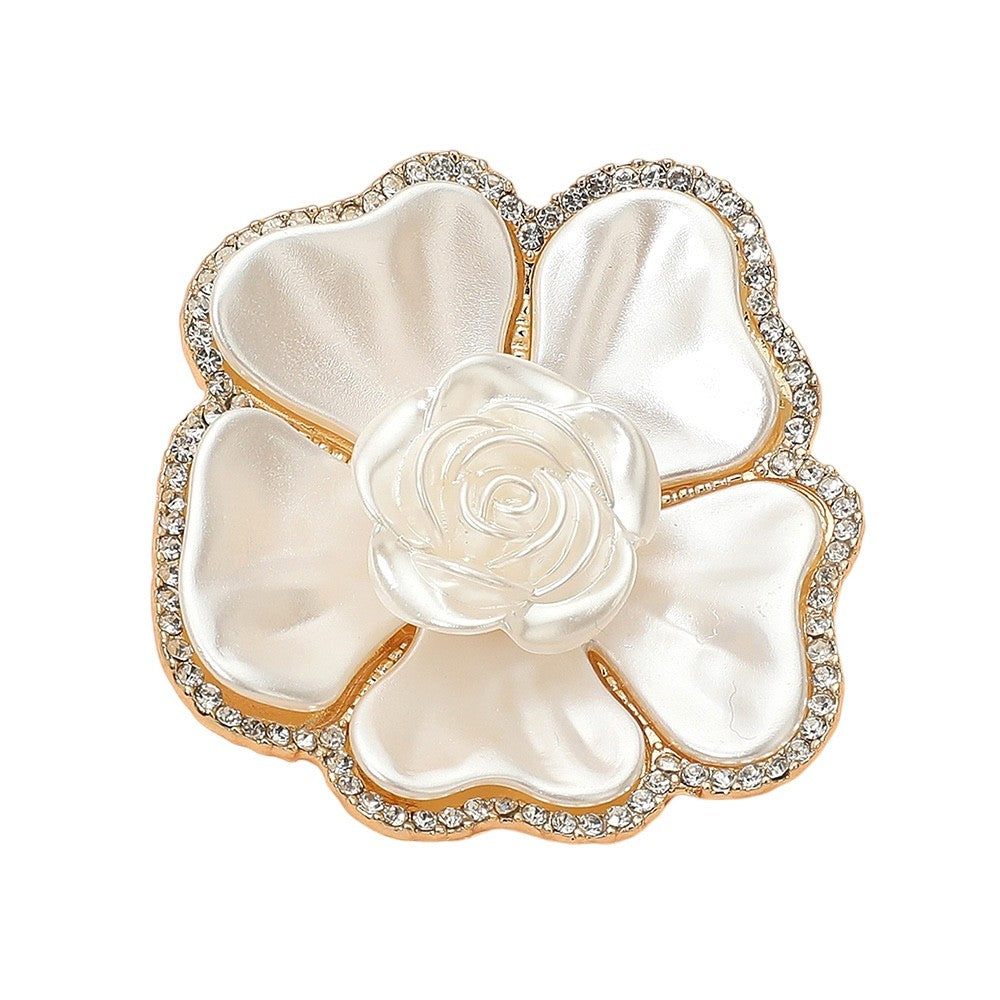 White Pearlescent Camellia Rose Flower Gold Tone Rhinestone Statement Brooch Pin