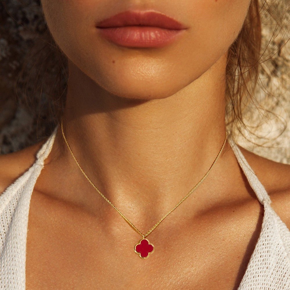 Gold Red Enamel Four Leaf Clover Pendant Necklace - 14K Gold Dipped Jewelry